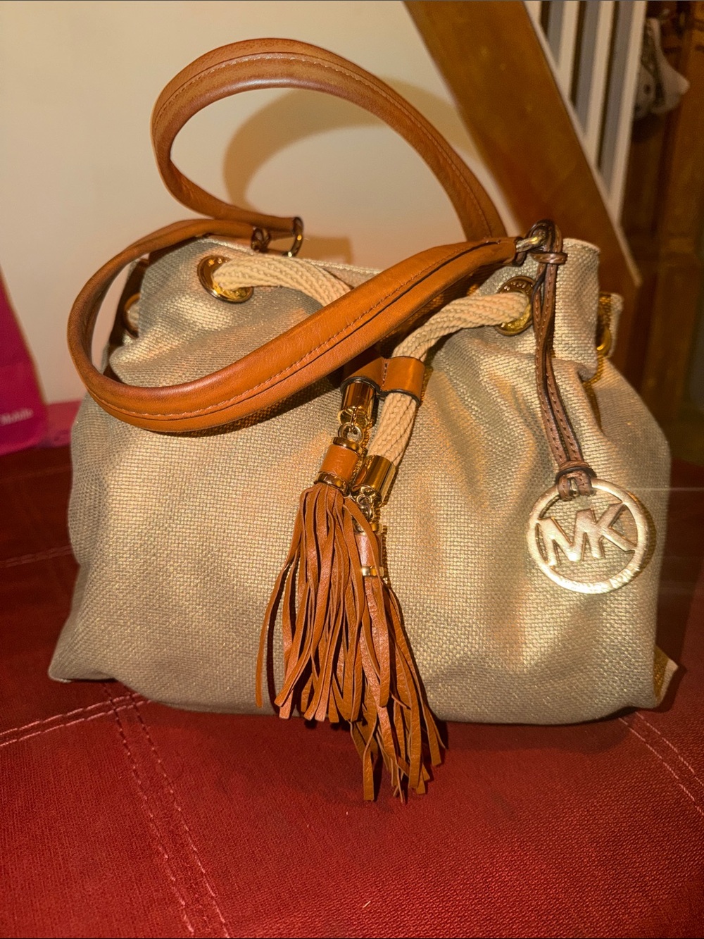 Michael Kors Gold and Tan Drawstring Shoulder Bag
